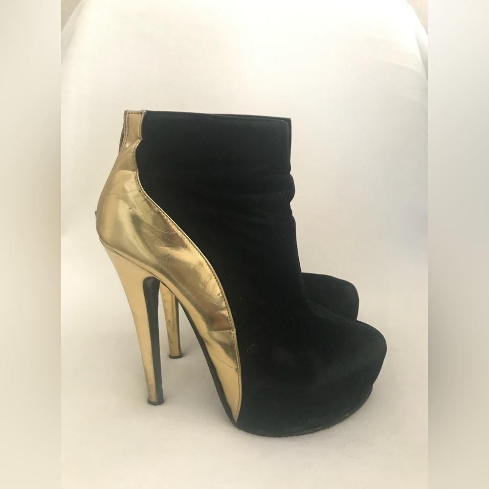 Gold Black Faux Suede Platforms Stiletto High Heels Ankle Boots